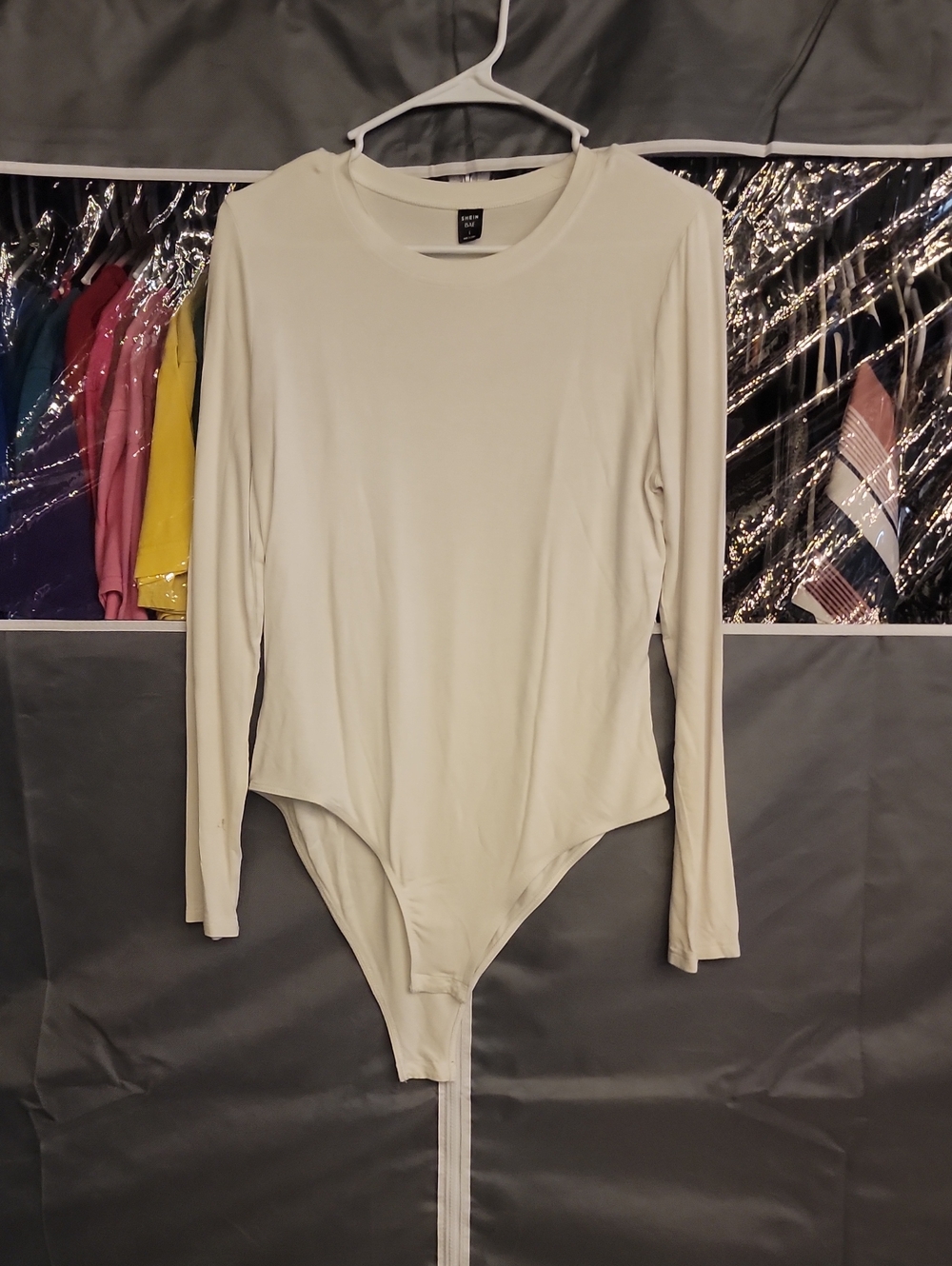 SHEIN Cream Long Sleeve Scoop Neck Bodysuit